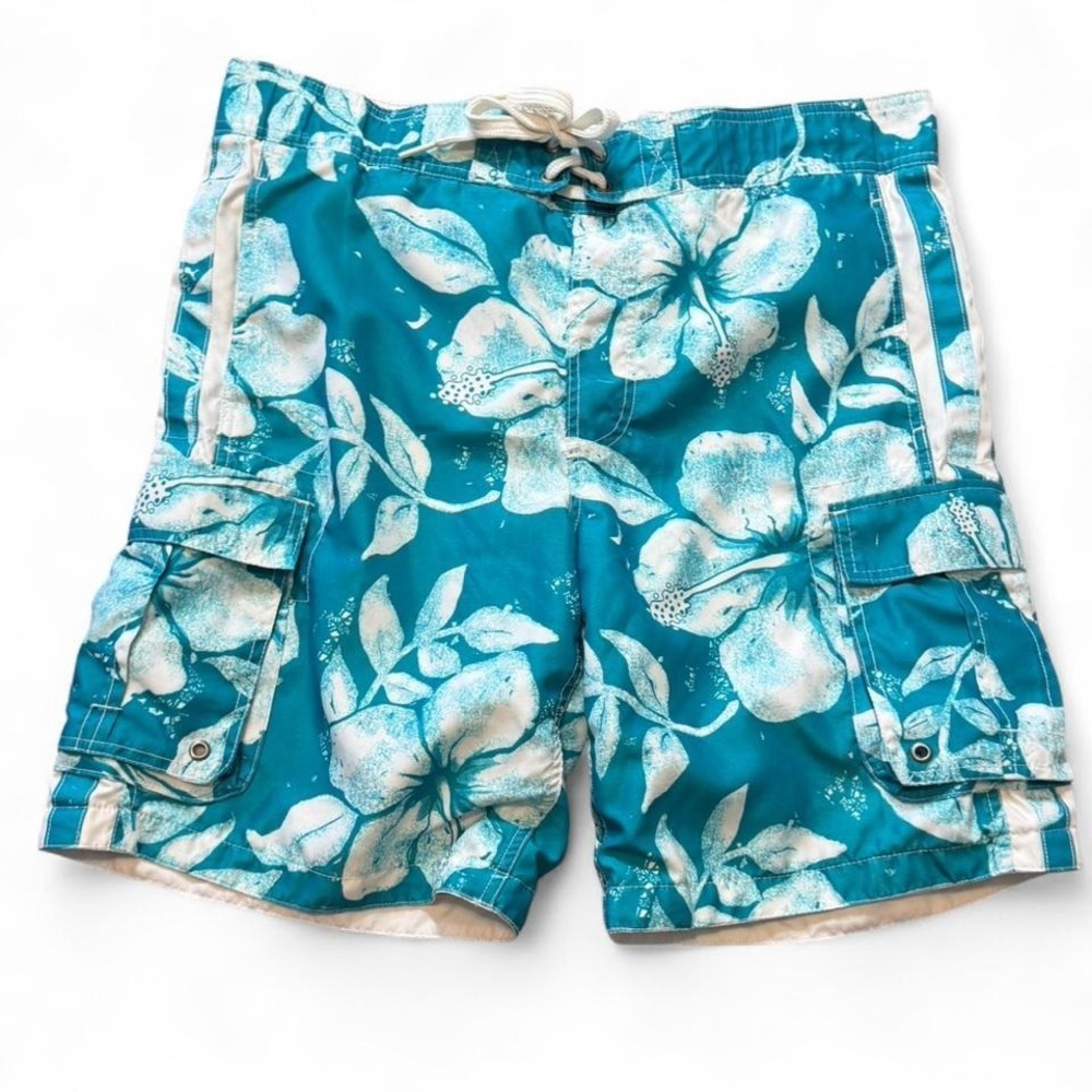 Vintage Y2K Mossimo Supply Co. Blue Floral Cargo Swim Trunks, Men's Size M